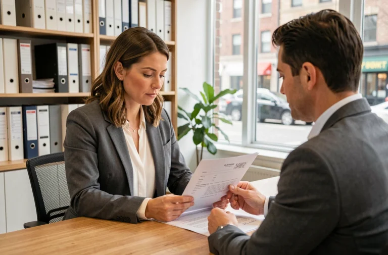 Femme signant un contrat de location avec un agent immobilier dans une agence moderne