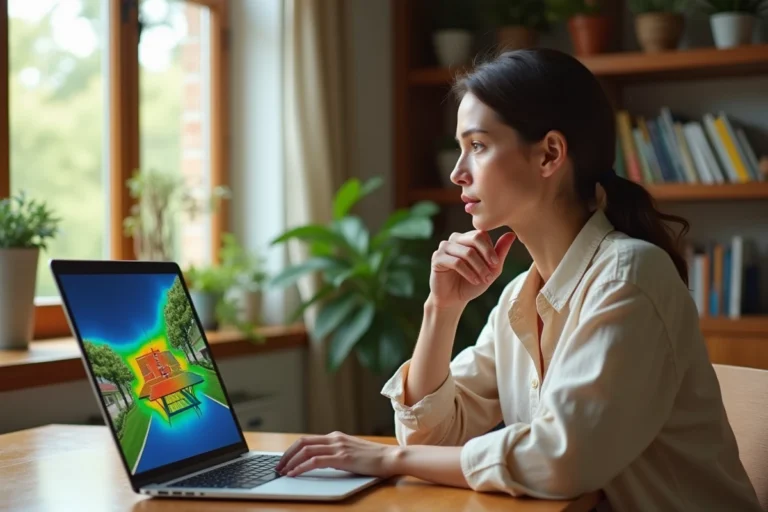 Femme consultant la simulation d'ensoleillement Google Maps sur son ordinateur portable pour sa maison