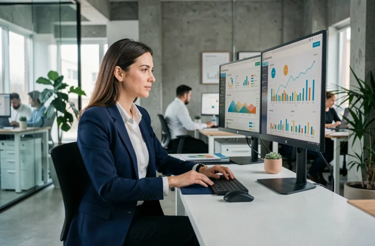 Professionnelle du marketing digital analysant des tableaux de bord analytiques sur écrans doubles dans un bureau moderne en 2024