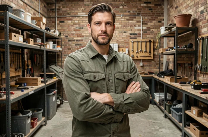 Homme en sur-chemise en coton texturé style workwear vert olive dans un atelier urbain aux murs en brique