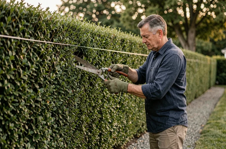 Jardinier expérimenté taillant une haie de buis droite avec un guide en ficelle dans un jardin soigné