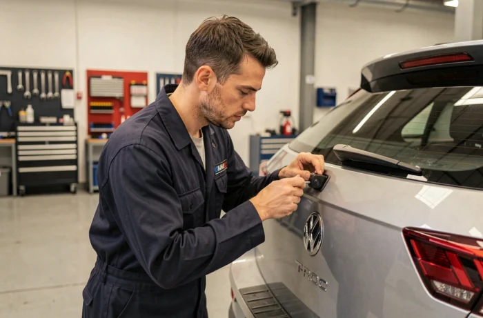Technicien automobile installant une caméra de recul sur un VW T-Roc dans un atelier de concession officielle