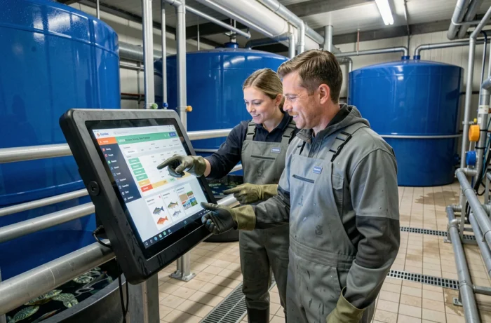 Deux techniciens en pisciculture utilisant un écran tactile connecté pour planifier l'alimentation des poissons dans une ferme aquacole intérieure