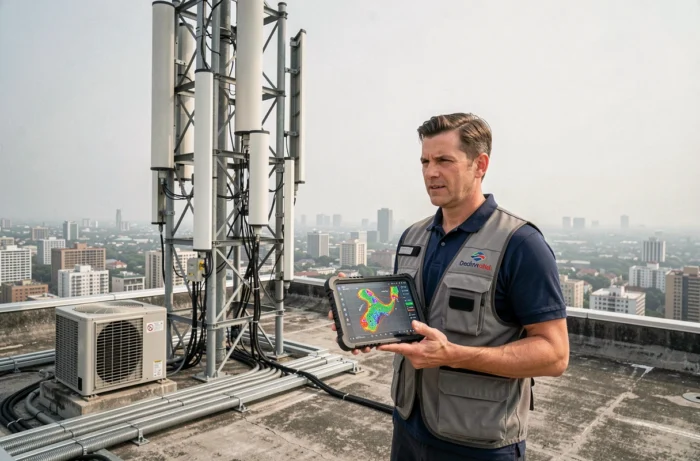Ingénieur télécoms sur un toit urbain inspectant une antenne 5G avec une tablette de couverture réseau