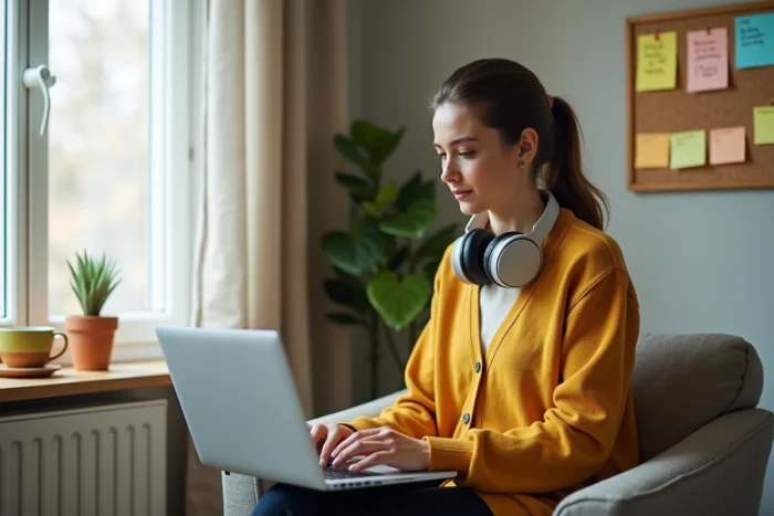 Jeune femme en télétravail organisant ses tâches avec un tableau de notes et un clavier sans fil dans un bureau à domicile