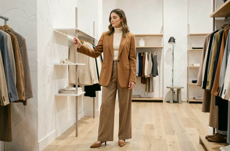 Jeune femme portant un blazer oversize camel et un pantalon large dans une boutique de mode minimaliste à Paris