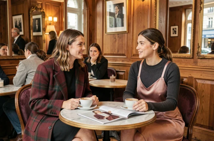 Deux femmes assises dans un café parisien arborant les dernières tendances mode de la saison, manteau en laine à carreaux et robe satin midi