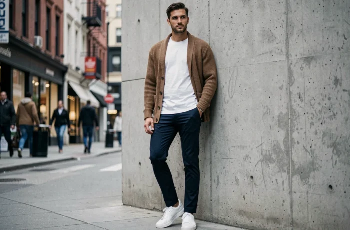 Homme stylé en cardigan en maille et pantalon marine posant contre un mur en béton dans une rue urbaine tendance