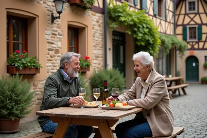Couple dégustant des spécialités alsaciennes en terrasse d'une auberge typique à La Petite Pierre