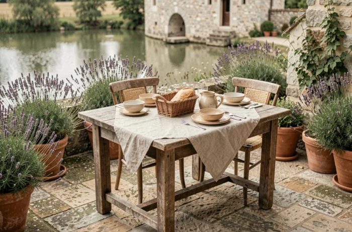 Terrasse en pierre du Moulin de Labique dressée pour le petit-déjeuner avec vue sur l'étang