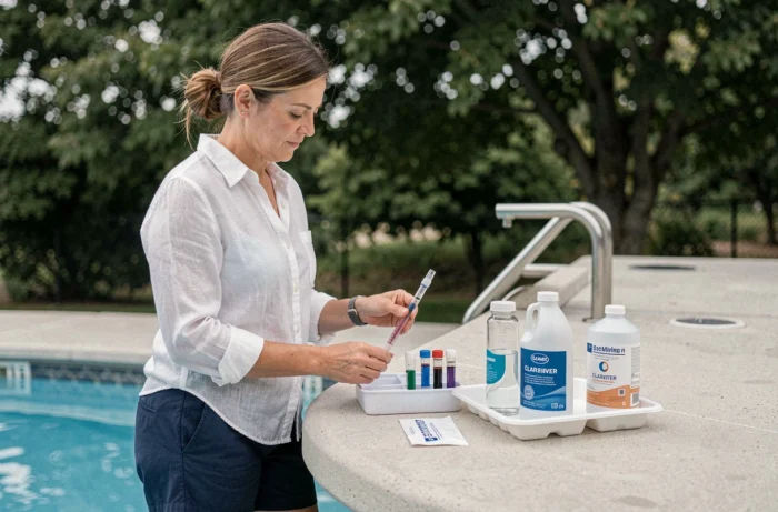 Femme testant la qualité de l'eau de piscine avec chlore et clarifiant sur le bord d'une piscine