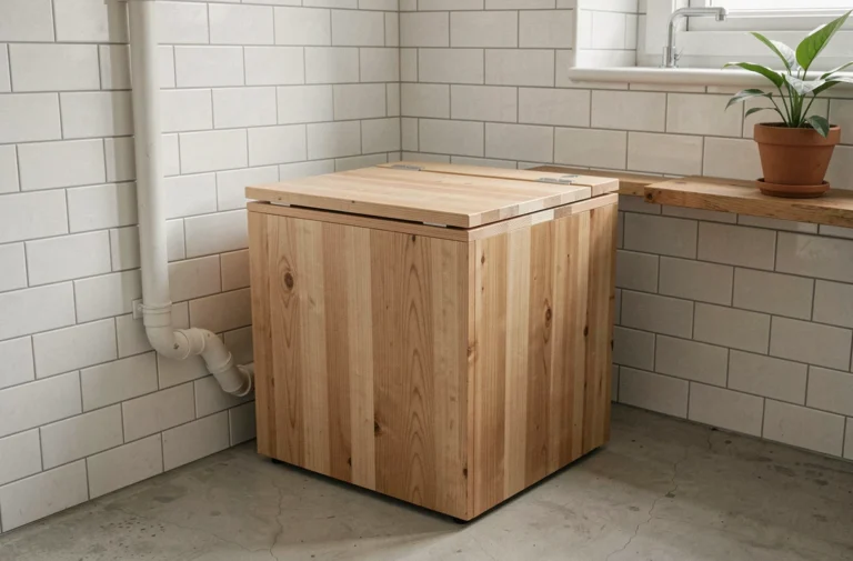 Toilettes sèches en bois naturel installées dans une salle de bain minimaliste écologique