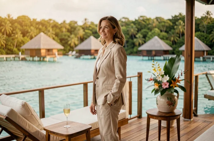Voyageuse élégante sur la terrasse d'une villa de luxe en bord de lagon dans une destination de tourisme premium