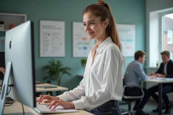 Travailleuse sociale gérant des dossiers de majeurs protégés sur la plateforme Proxima dans un bureau de services sociaux