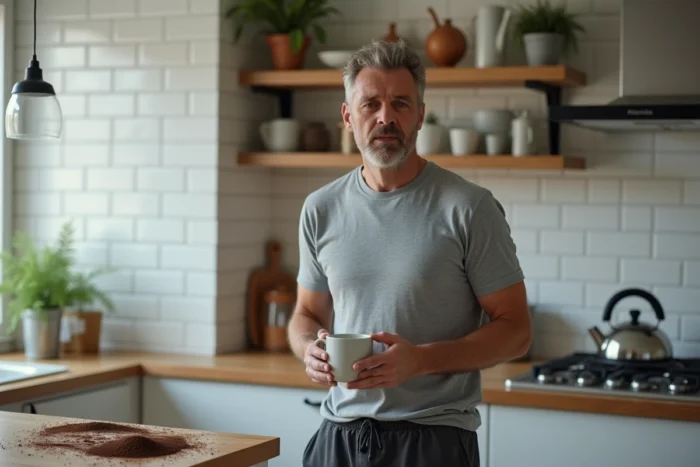 Homme tenant une tasse de café à deux mains tremblantes dans une cuisine le matin au réveil