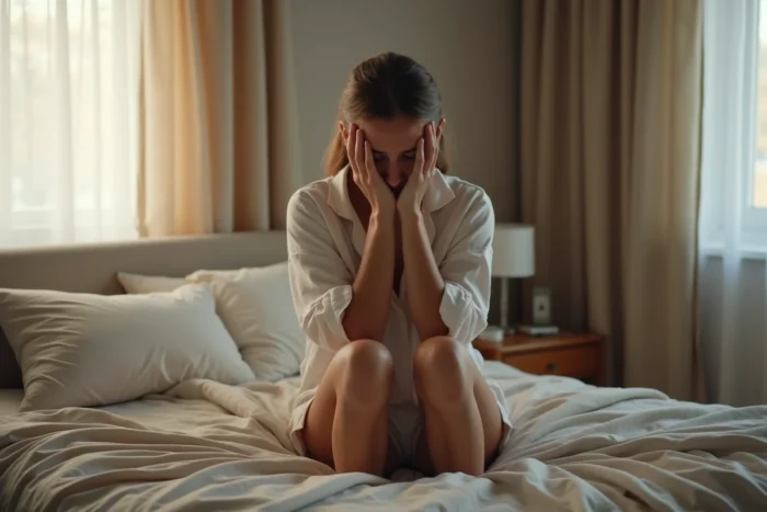 Femme aux mains tremblantes assise sur le bord du lit au réveil le matin, visage fatigué dans les paumes