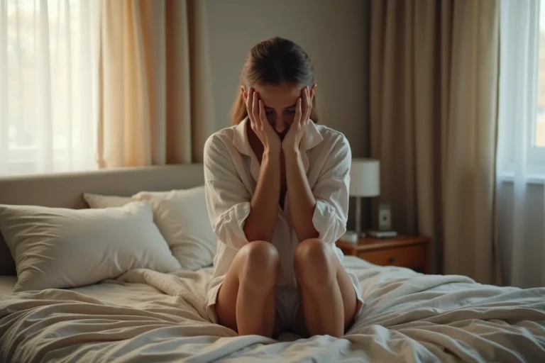 Femme aux mains tremblantes assise sur le bord du lit au réveil le matin, visage fatigué dans les paumes