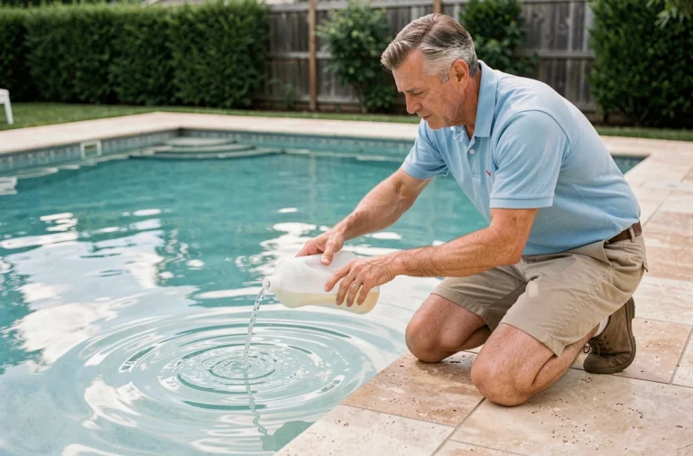 Homme versant un clarifiant pour piscine au bord d'une piscine extérieure privée avec eau limpide