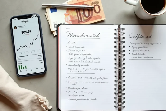 Mise en scène d'un smartphone avec statistiques Instagram, des billets en euros et un contrat de partenariat illustrant la valeur monétaire d'un compte à 100 000 abonnés