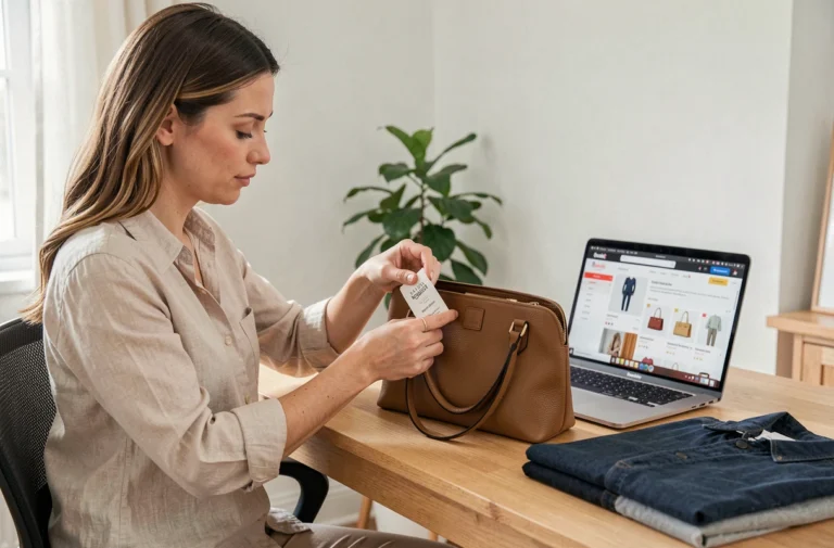 Femme examinant l'étiquette d'un sac de luxe avant de le vendre sur Vestiaire Collective
