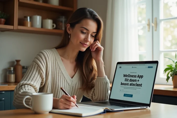 Femme analysant des avis sur des applications de bien-être sur son ordinateur portable tout en prenant des notes dans un carnet