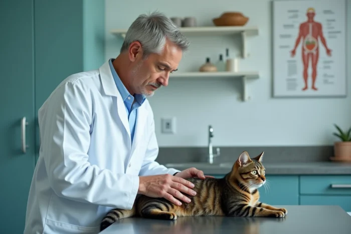 Vétérinaire examinant un chat tigré sur une table d'auscultation dans une clinique vétérinaire