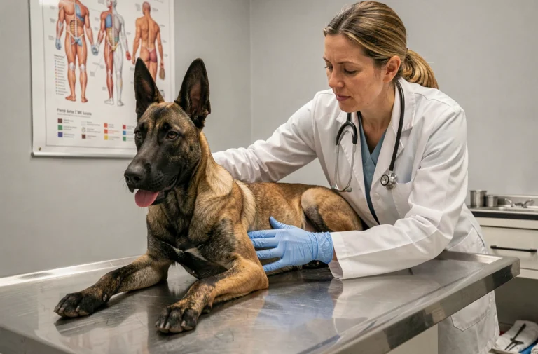 Vétérinaire examinant un Malinois belge sur une table d'examen en clinique vétérinaire avant une stérilisation