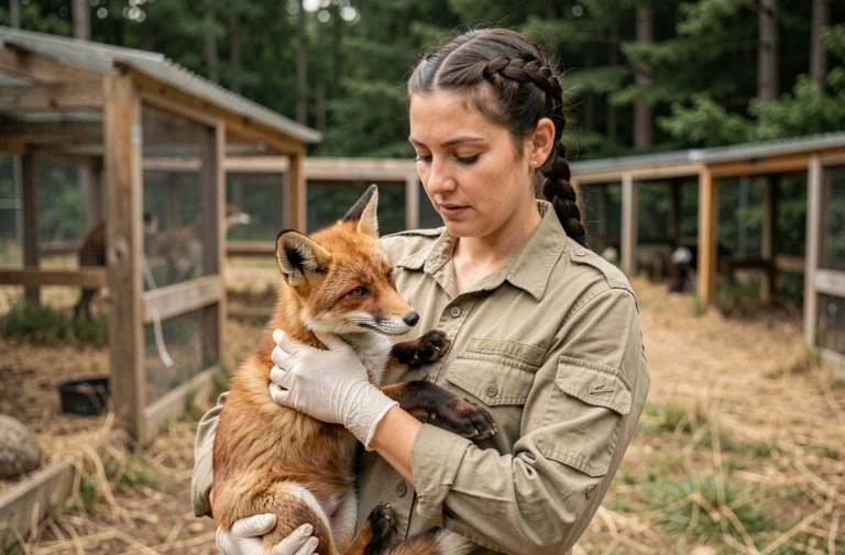 Vétérinaire femme examinant un renard roux dans un centre de réhabilitation animalière en plein air
