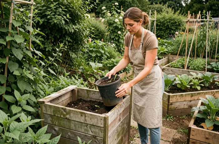 Femme vidant le bac de toilettes sèches dans un composteur de jardin écologique