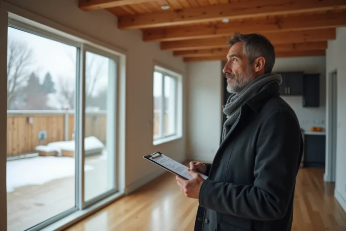 Homme français visitant l'intérieur d'une maison canadienne vide avec parquet et grandes fenêtres donnant sur un jardin enneigé