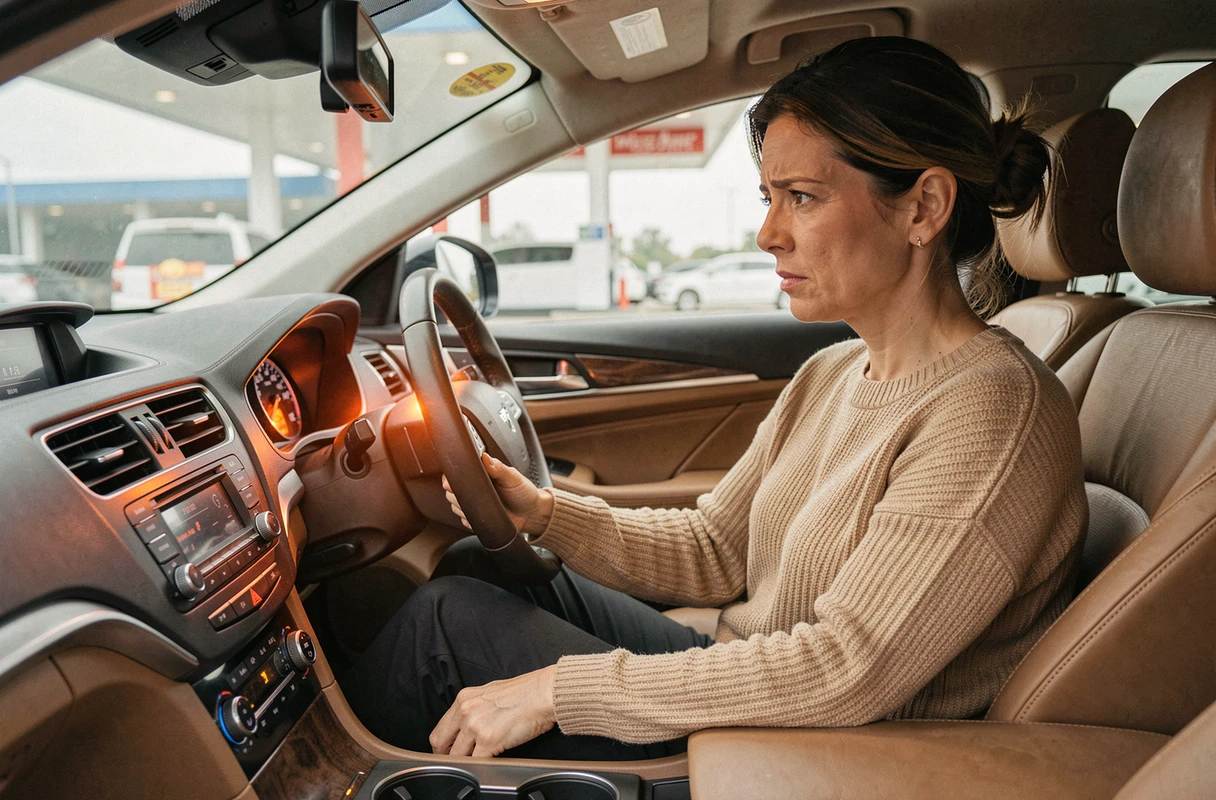 Conductrice observant le voyant moteur orange allumé sur le tableau de bord après avoir fait le plein