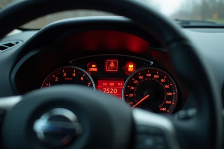 Tableau de bord d'une Nissan Juke avec voyant moteur rouge et voyant ESP allumés