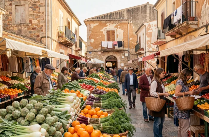 Vue panoramique du marché en plein air de Porto Torres avec ses étals colorés de fruits et légumes frais et ses visiteurs locaux